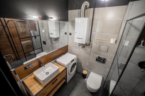 a bathroom with a sink and a washing machine in it at Vistula River Modern Apartment in Krakow