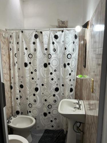 a bathroom with a toilet and a sink and a shower curtain at Los Cactus in La Rioja