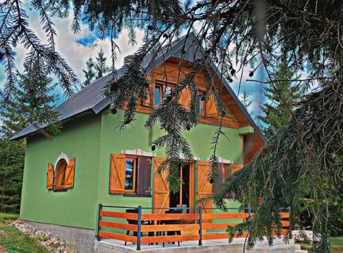 een groen en oranje huis met een boom bij Villa Dandelion in Žabljak