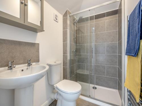 a bathroom with a toilet and a sink and a shower at The Coach House in New Bolingbroke