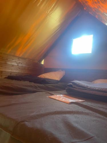 Cette chambre comprend deux lits et une lumière bleue. dans l'établissement Le bivouac-tente chez Camille, à Veynes
