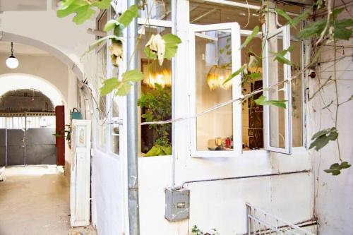 una entrada a un edificio con ventanas y plantas en Angels Roof Vera - boutique apartment. Wine Factory, en Tiflis