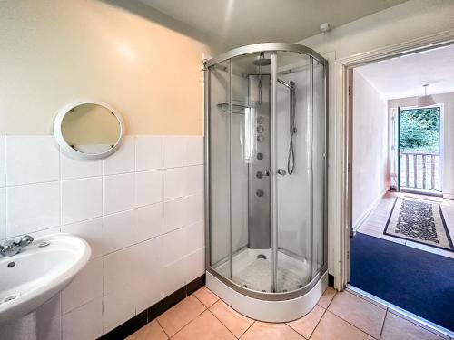 a bathroom with a shower and a sink at Woodside Fishery - The Plover in Cleobury Mortimer