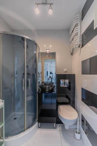 a bathroom with a shower and a toilet and a sink at Pet’s House Warsaw in Warsaw