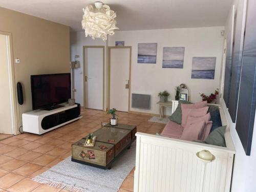 een woonkamer met een bank en een tv bij Charmante maison douillette de 65 m2 pour 4 pers. in Saint-Pierre-dʼOléron