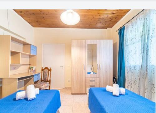 2 letti in una camera con lenzuola blu di Corfu River House a Potamós