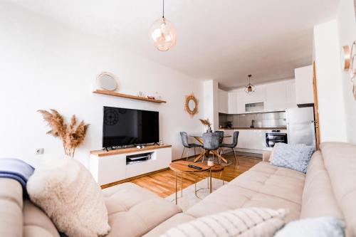 uma sala de estar com um sofá e uma televisão de ecrã plano em Apartman Ivan em Livno