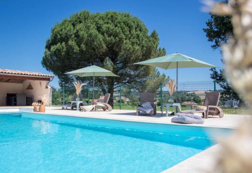 a swimming pool with lounge chairs and umbrellas at Ô DOMAINE DU ROUSSILLON 