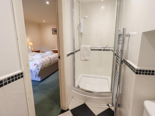 a bathroom with a shower with a toilet and a bed at 7 Stybarrow Terrace in Penrith