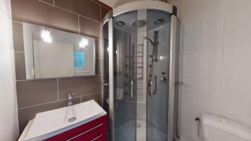 ein Bad mit einer Dusche, einem Waschbecken und einem Spiegel in der Unterkunft L'Episcopale - Maison 2 chambres in Albi