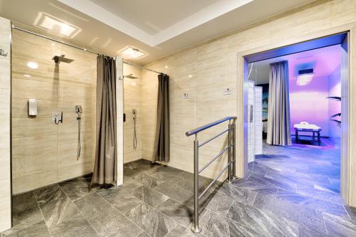 ein Bad mit einer Dusche und einer ebenerdigen Dusche in der Unterkunft Typton hotel&spa in Medzilaborce