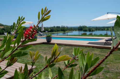 widok na basen z ogrodu domu w obiekcie La Villa face au Lac w mieście Saramon