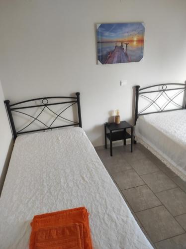 um quarto com duas camas e uma foto na parede em Nikos Apartments em Amarinthos