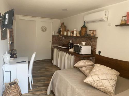 a bedroom with a bed and a counter with a microwave at Dimora Forgione B&B - Pietrelcina in Pietrelcina