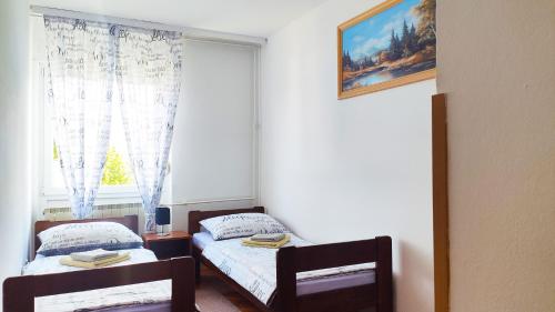 a bedroom with two twin beds and a window at Plitvice Apartment in Plitvička Jezera