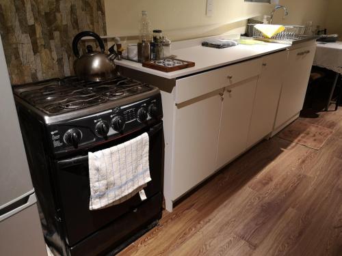 a kitchen with a stove with a tea kettle on it at CABAÑA LIRCAY - 2 habitaciones 48M2 para 4 personas in San Clemente
