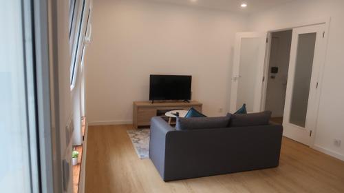 een woonkamer met een bank en een televisie bij Apartamento Renovado no Centro da Cidade - Casa4 in Coimbra