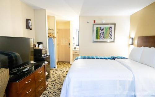 um quarto de hotel com uma cama e uma televisão de ecrã plano em Days Inn by Wyndham College Park Atlanta Airport South em Atlanta
