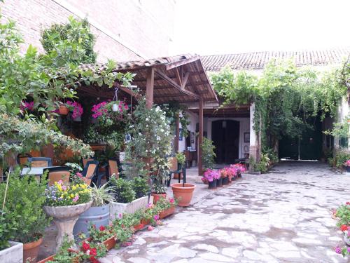 Hotel Corona de Atarfe في Atarfe: حديقة بها نباتات الفخار والزهور في مبنى