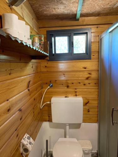 a bathroom with wooden walls and a toilet and a window at בקתת עץ בחורש במנות - דום גיאודזי - Wooden cabin in Manot in Manot