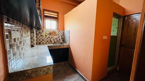 トリンコマリーにあるRamya’s Villaのオレンジ色の壁のバスルーム(シンク付)