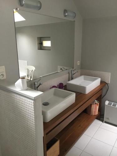a bathroom with a white sink and a mirror at Le Sequoia in Velles