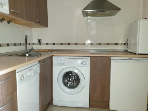 a kitchen with a washing machine and a sink at Apartamentos Monte Hernanz in Riaza
