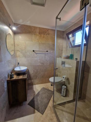 a bathroom with a glass shower and a sink at Casa Nikolia in Măgura