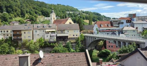 miasto z mostem i most nad rzeką w obiekcie Gästezimmer & Apartment Mayrhofer w mieście Waidhofen an der Ybbs