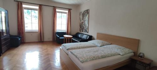 Schlafzimmer mit einem Bett, einem Stuhl und Fenstern in der Unterkunft Gästezimmer & Apartment Mayrhofer in Waidhofen an der Ybbs