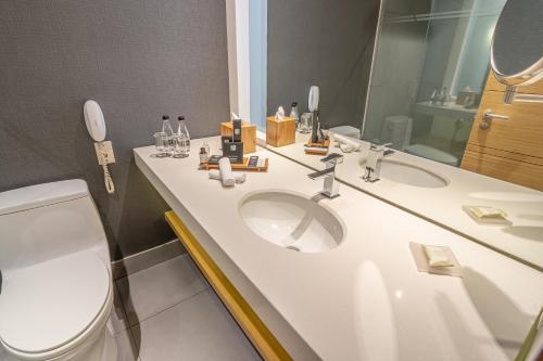 波哥大的住宿－波哥大索內斯特酒店，一间带水槽和卫生间的浴室以及一部电话