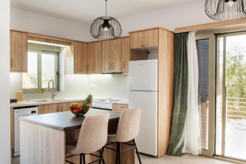 a kitchen with wooden cabinets and a white refrigerator at Alonakia Home Suites in Filiatra