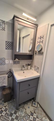 een badkamer met een wastafel en een spiegel bij Studio de la Madrague in Saint-Laurent-du-Var