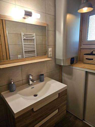 une salle de bain avec un lavabo et un miroir dans l'établissement Studio à 100 mètres du départ des pistes de ski, à La Salle Les Alpes
