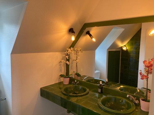 ein Badezimmer mit zwei Waschbecken und einem großen Spiegel in der Unterkunft Le Hibou in Loudéac