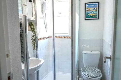 uma casa de banho com um WC e um lavatório em Brixham Cottage with views em Brixham
