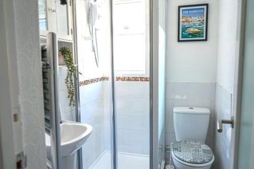 a bathroom with a toilet and a sink at Brixham Cottage with views in Brixham