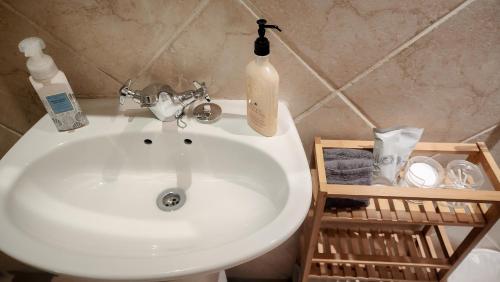 a bathroom sink with a bottle of soap on it at Kaneel Suiker in Paarl