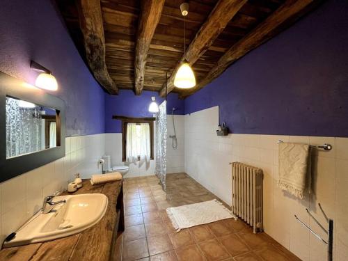 uma casa de banho com um lavatório e paredes roxas em Casa Rural Gaztandizabal em Aia