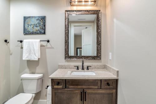 a bathroom with a sink and a toilet and a mirror at Exceptional Downtown Condo in Asheville