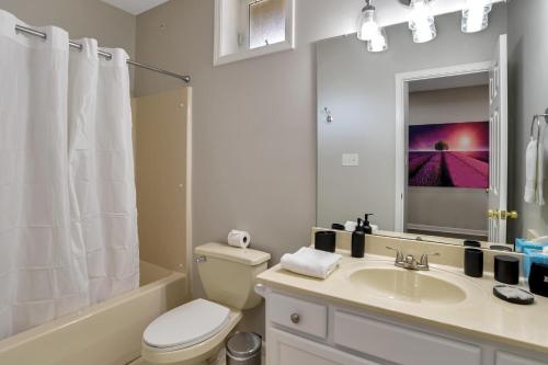 a bathroom with a toilet and a sink and a mirror at South Asheville Townhome 12 B in Arden