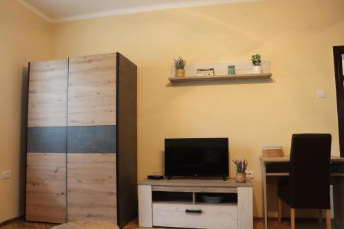 a living room with a television and a wooden cabinet at Saint Nicolas Bajina Bašta in Lug