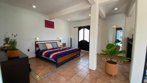 um quarto com uma cama num quarto com plantas em Pent house con terraza o departamento con balcón en el centro de oaxaca em Oaxaca de Juárez