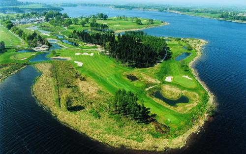 an aerial view of a golf island in the water at Tully's Home, Tulfarris Village, Wicklow in Blessington