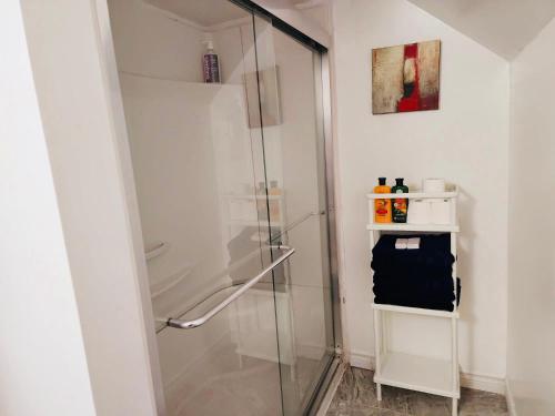 y baño con ducha y puerta de cristal. en Private Basement Suite in Central Moncton en Moncton