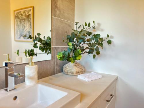 a bathroom with a sink and a vase with a plant at Rosebud Lovely House 2 - Mornington Peninsula 4 BR 3 Bath 2 story holiday house - BBQ - Beach - Hot spring in Rosebud
