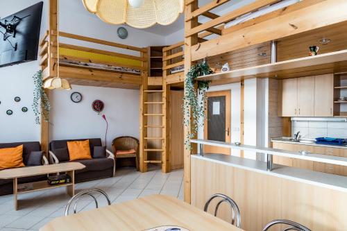 a kitchen and a living room with wooden ceilings at Apartmány Červenohorské sedlo in Kouty