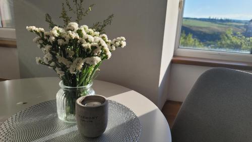 a vase of flowers sitting on top of a table at Апартаменти біля Фортеці in Kamianets-Podilskyi