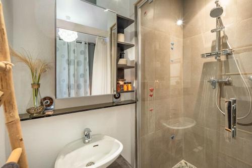 a bathroom with a sink and a shower with a mirror at L'élégant-Parking privé-10min strasbourg-NBSimmo in Bischheim