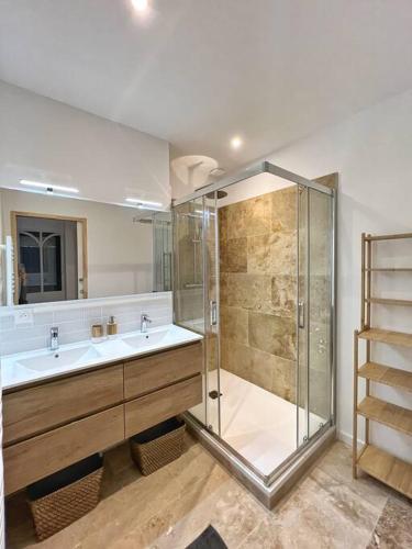 une salle de bain avec une douche en verre et un lavabo dans l'établissement Le grand cocon - Coeur de ville, à La Rochelle